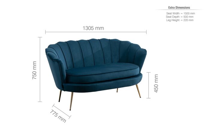 Birlea Ariel 2 Seater Sofa in Blue soft touch fabric with Gold Legs-24660