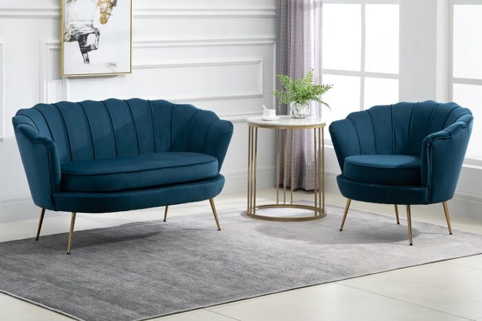 Birlea Ariel 2 Seater Sofa in Blue soft touch fabric with Gold Legs-24663