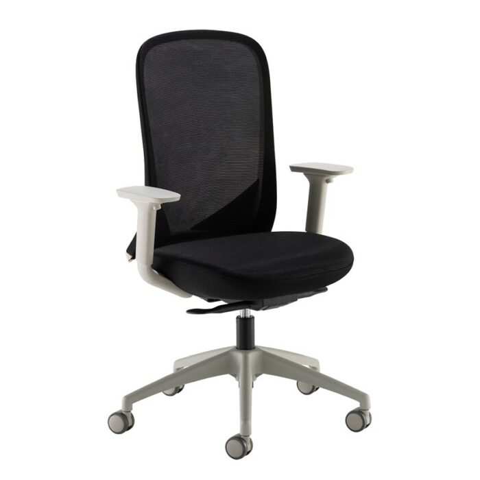 DAMS Sway black mesh back adjustable operator chair with black fabric seat, grey frame and base-0