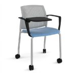 DAMS Santana 4 leg mobile chair with fabric seat and perforated back with castors, arms and writing tablet - made to order-29693