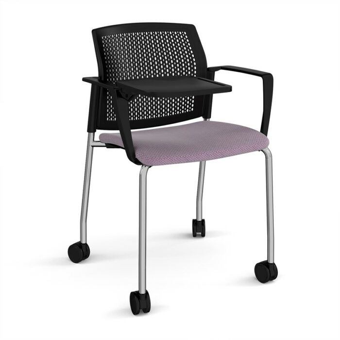 DAMS Santana 4 leg mobile chair with fabric seat and perforated back with castors, arms and writing tablet - made to order-29690