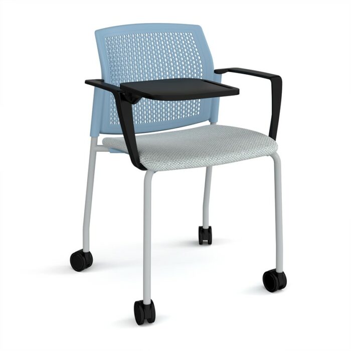 DAMS Santana 4 leg mobile chair with fabric seat and perforated back with castors, arms and writing tablet - made to order-29691