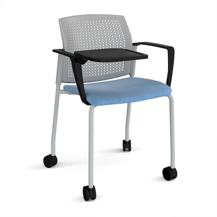 DAMS Santana 4 leg mobile chair with fabric seat and perforated back with castors, arms and writing tablet - made to order-29692