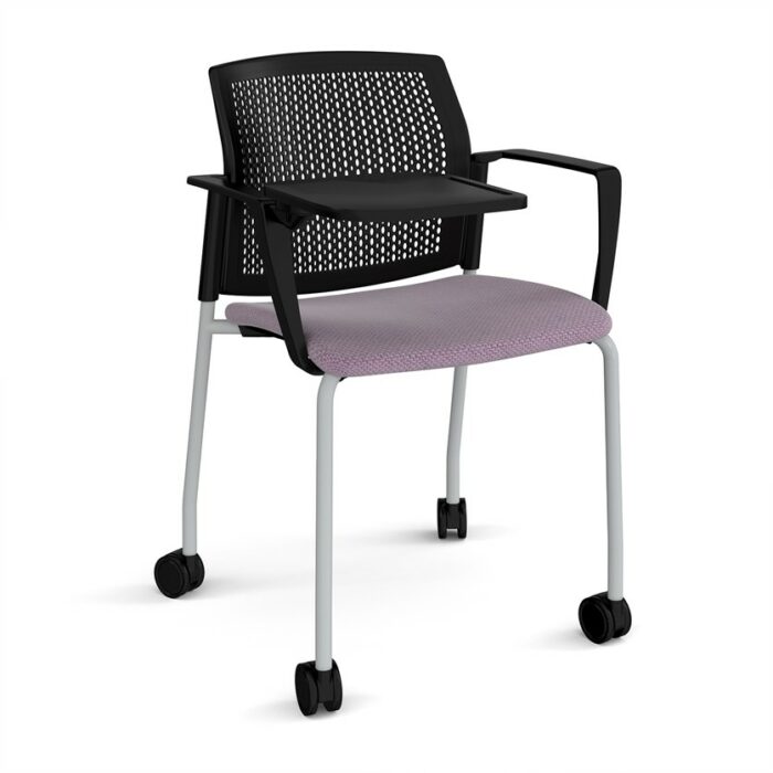 DAMS Santana 4 leg mobile chair with fabric seat and perforated back with castors, arms and writing tablet - made to order-29694