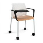 DAMS Santana 4 leg mobile chair with fabric seat and perforated back with castors, arms and writing tablet - made to order-29695