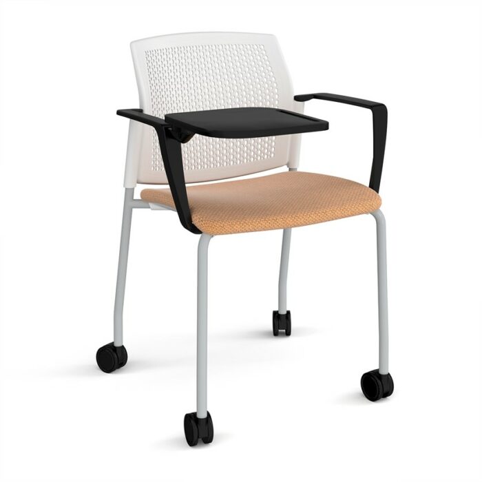 DAMS Santana 4 leg mobile chair with fabric seat and perforated back with castors, arms and writing tablet - made to order-29695