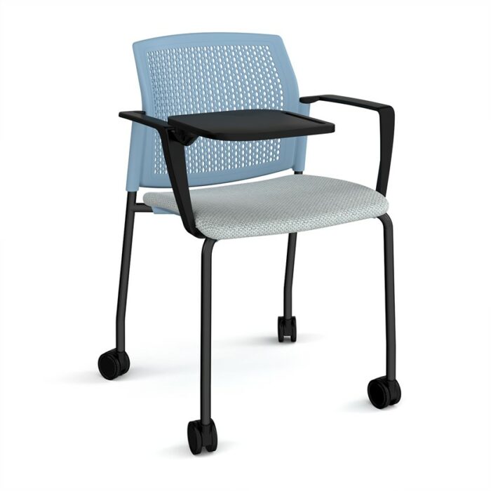 DAMS Santana 4 leg mobile chair with fabric seat and perforated back with castors, arms and writing tablet - made to order-29698