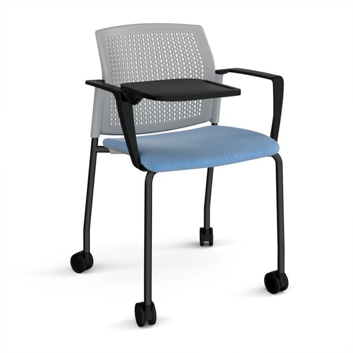 DAMS Santana 4 leg mobile chair with fabric seat and perforated back with castors, arms and writing tablet - made to order-29688