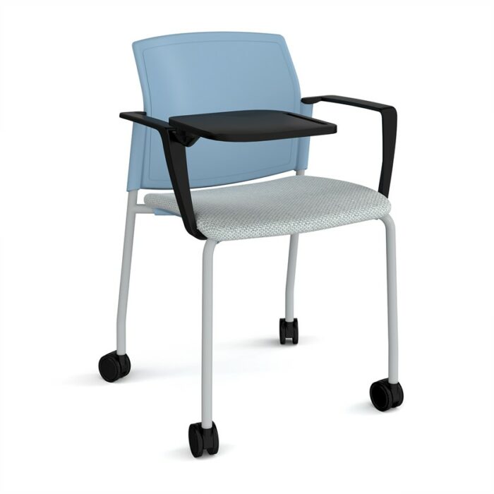 DAMS Santana 4 leg mobile chair with fabric seat and plastic back with castors, arms and writing tablet - made to order-29427