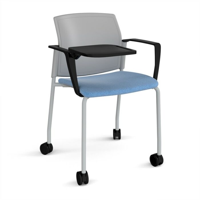 DAMS Santana 4 leg mobile chair with fabric seat and plastic back with castors, arms and writing tablet - made to order-29424