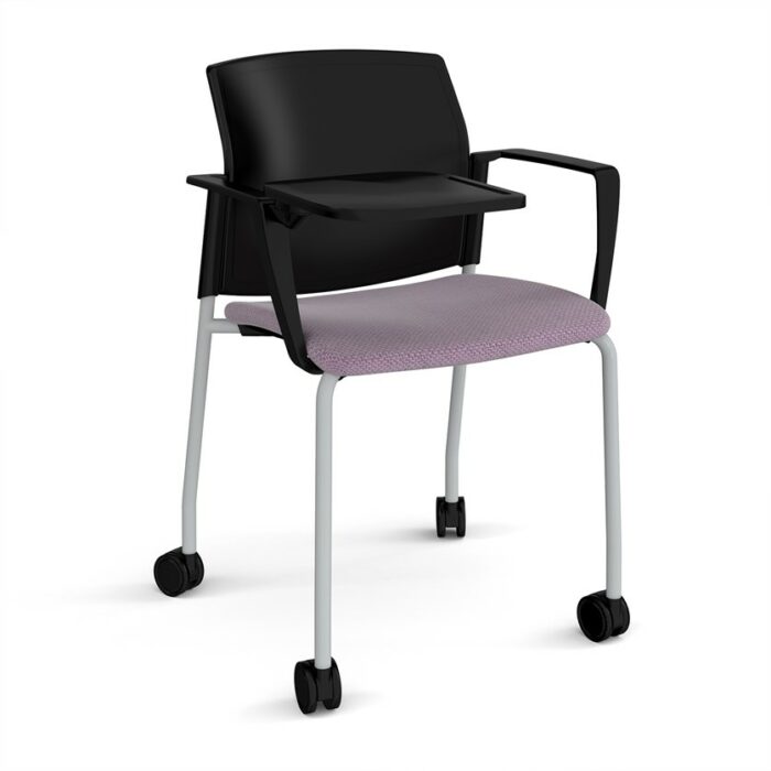 DAMS Santana 4 leg mobile chair with fabric seat and plastic back with castors, arms and writing tablet - made to order-29426