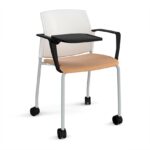 DAMS Santana 4 leg mobile chair with fabric seat and plastic back with castors, arms and writing tablet - made to order-29425