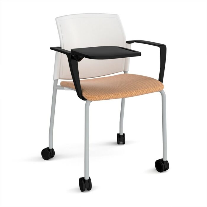 DAMS Santana 4 leg mobile chair with fabric seat and plastic back with castors, arms and writing tablet - made to order-29425