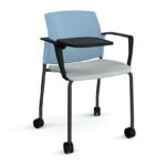 DAMS Santana 4 leg mobile chair with fabric seat and plastic back with castors, arms and writing tablet - made to order-29435
