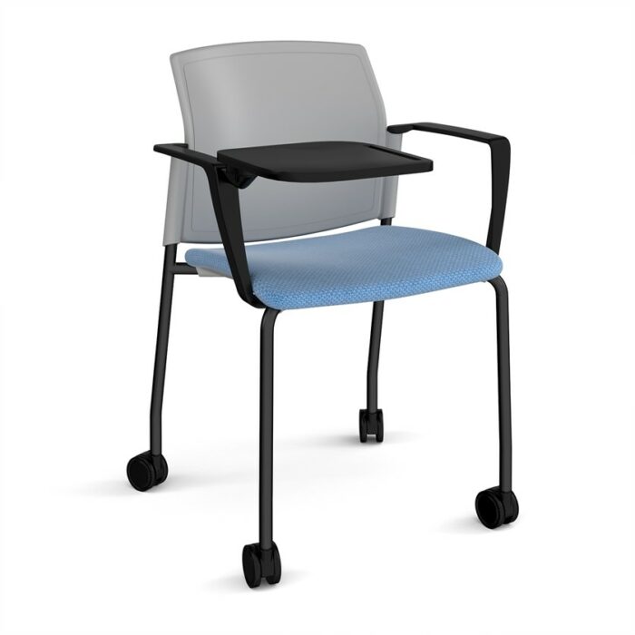 DAMS Santana 4 leg mobile chair with fabric seat and plastic back with castors, arms and writing tablet - made to order-29434