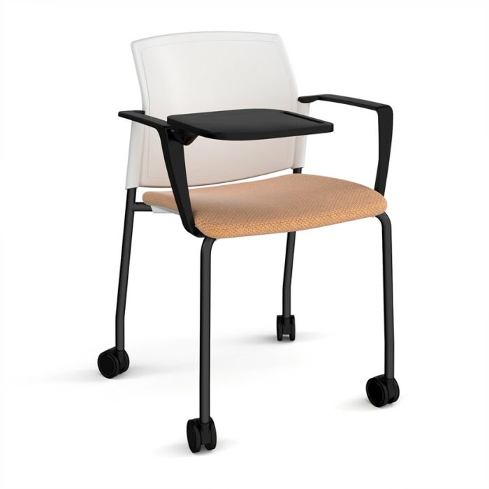 DAMS Santana 4 leg mobile chair with fabric seat and plastic back with castors, arms and writing tablet - made to order-29429