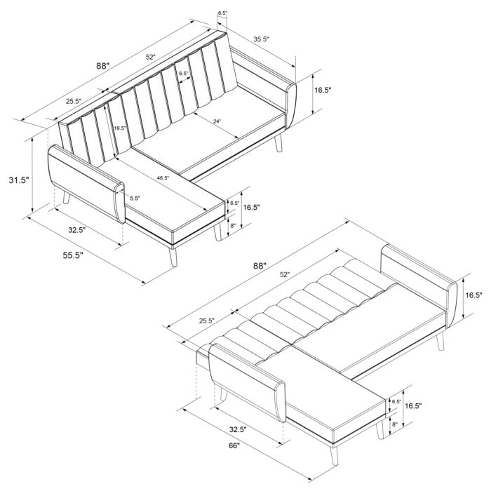 Dorel Novogratz Brittany Sectional Sofa Bed Wooden Legs - Linen - Light Grey-31604