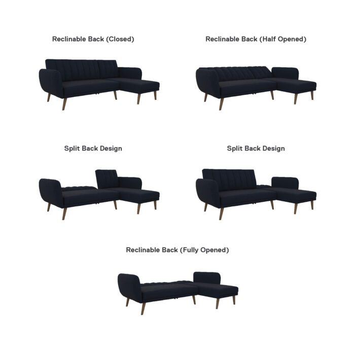 Dorel Novogratz Brittany Sectional Sofa Bed Wooden Legs - Linen - Navy Blue-31590