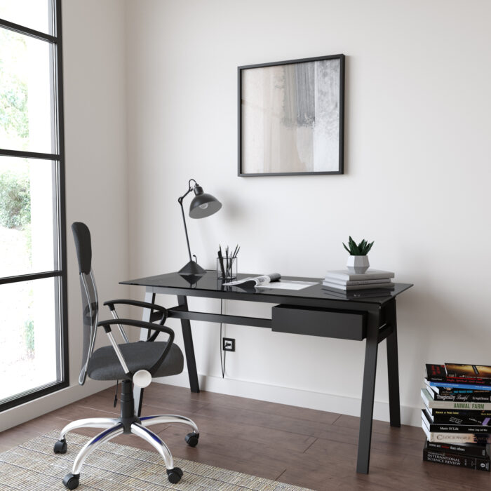 Dorel Alphason Richmond Desk With Glass Top & Single Drawer - Black-30494