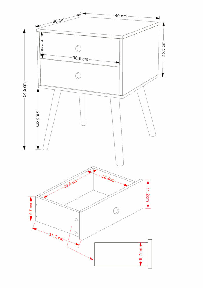 Core Scandia, 2 drawer & wood legs bedside cabinet, grey-36292