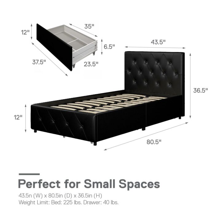 Dorel Dakota Bed with Storage - Single - Black-39753