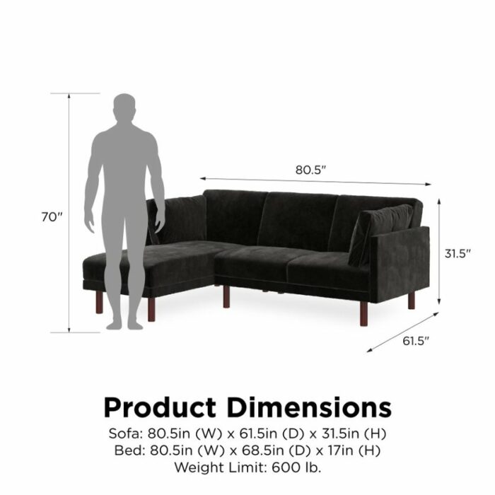 Dorel Clair Coil Reversible Sofa Bed in Black Velvet-39661