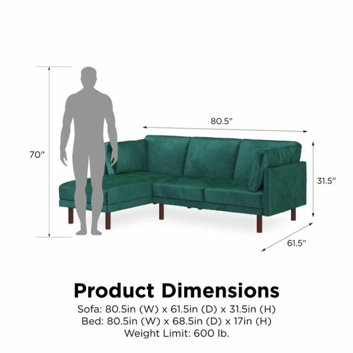 Dorel Clair Coil Reversible Sofa Bed in Green Velvet-39542